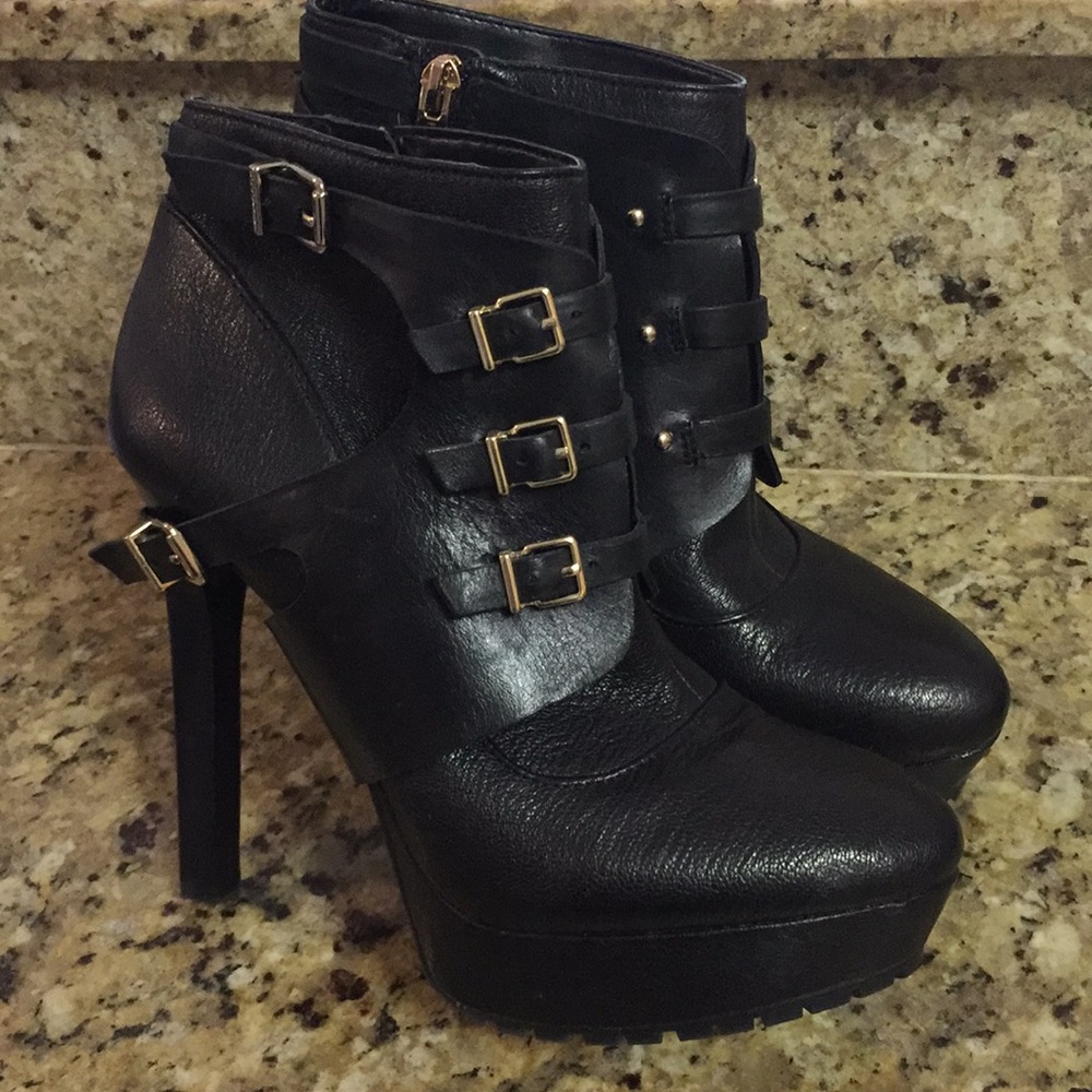 BCBGeneration black leather stacked boot heels